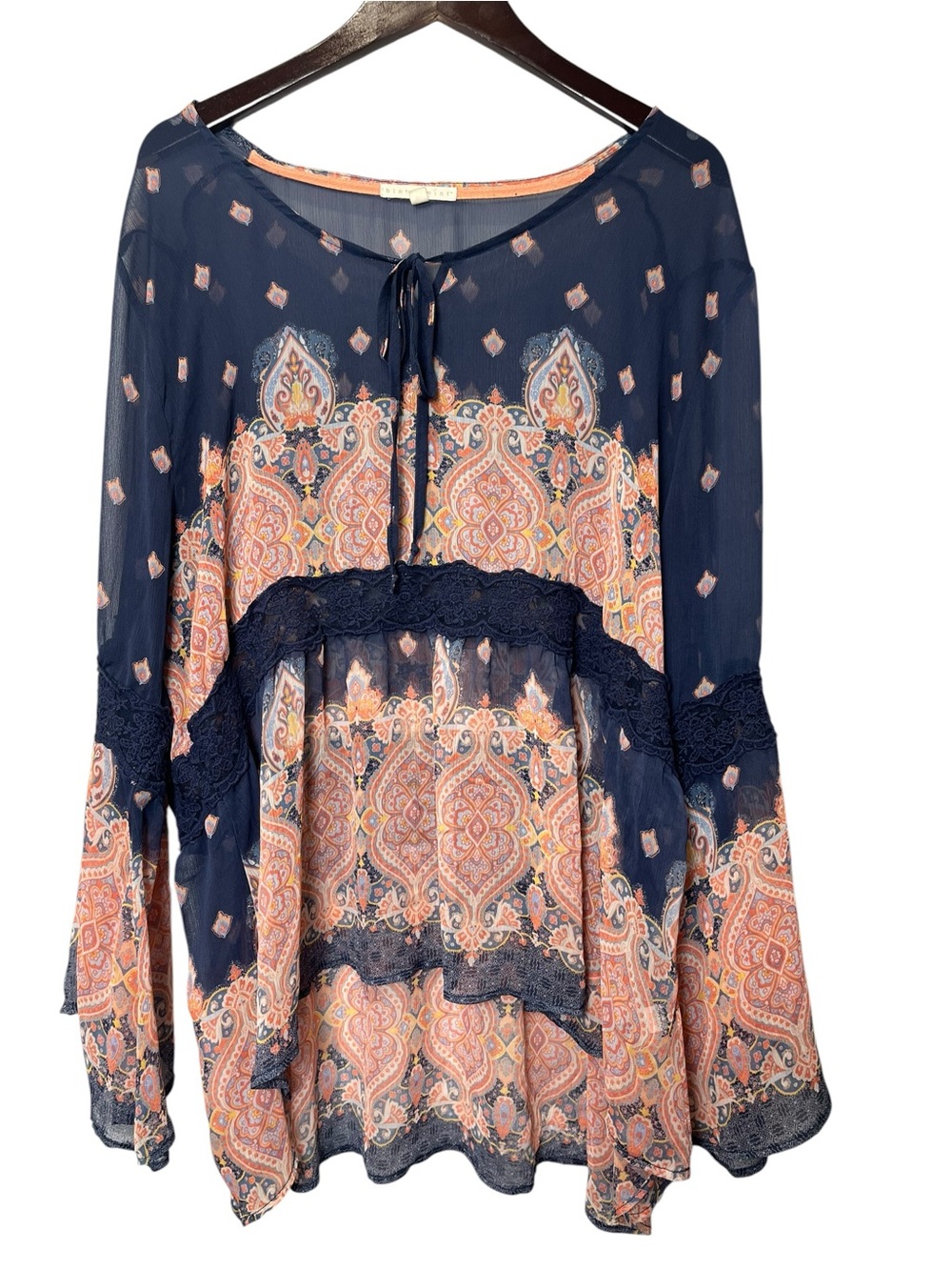 Hint of Mint Navy Paisley Sheer Boho Peasant Blouse Plus 3X